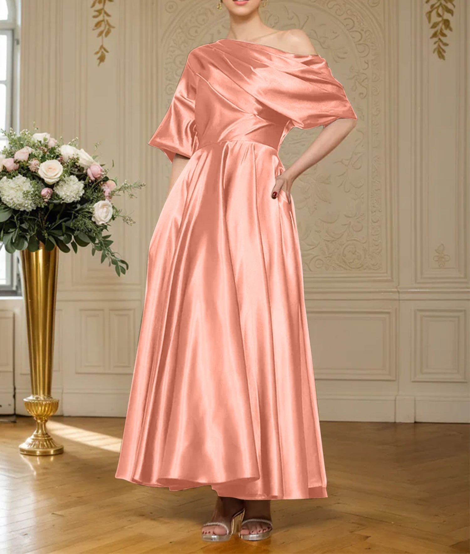 A-line Short Sleeves Pleated Ankle-Length Silk like Satin Mother of the Bride Dress