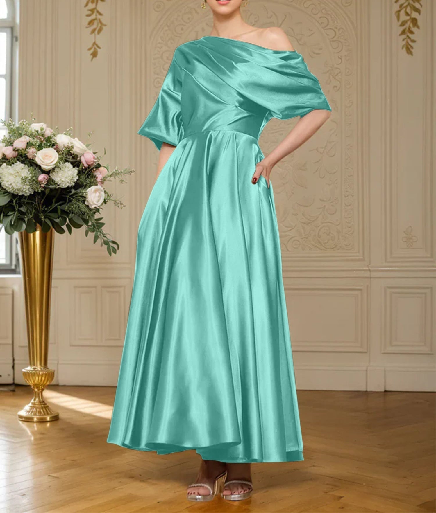 A-line Short Sleeves Pleated Ankle-Length Silk like Satin Mother of the Bride Dress