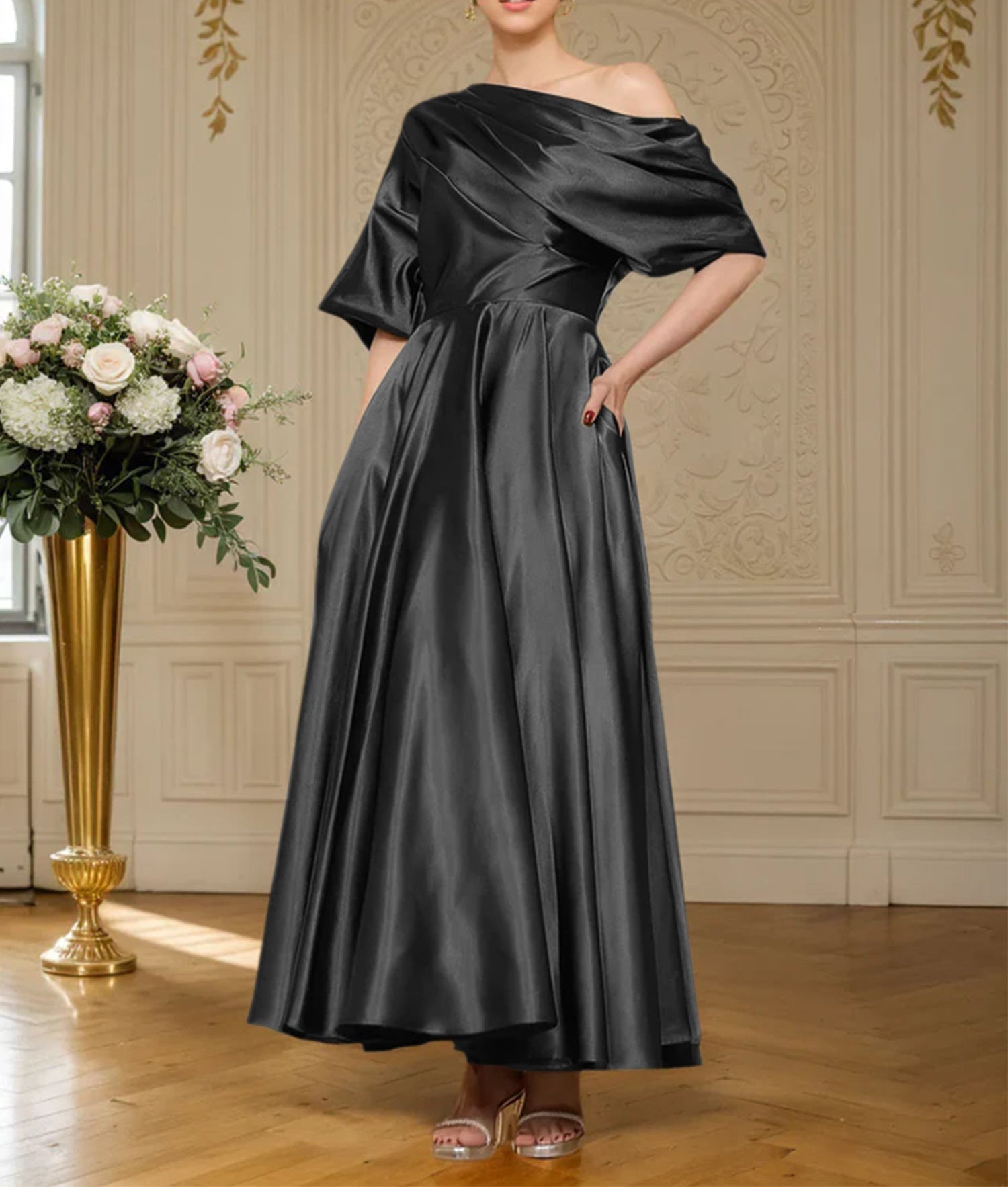 A-line Short Sleeves Pleated Ankle-Length Silk like Satin Mother of the Bride Dress