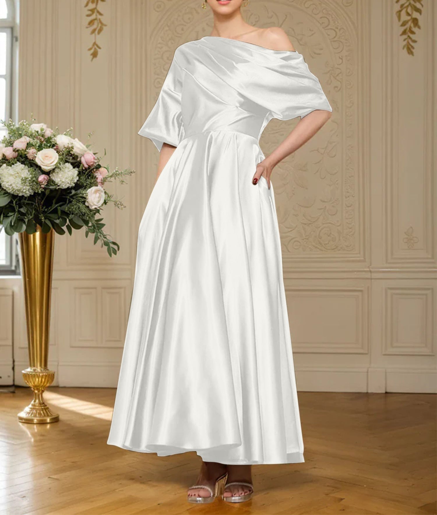 A-line Short Sleeves Pleated Ankle-Length Silk like Satin Mother of the Bride Dress