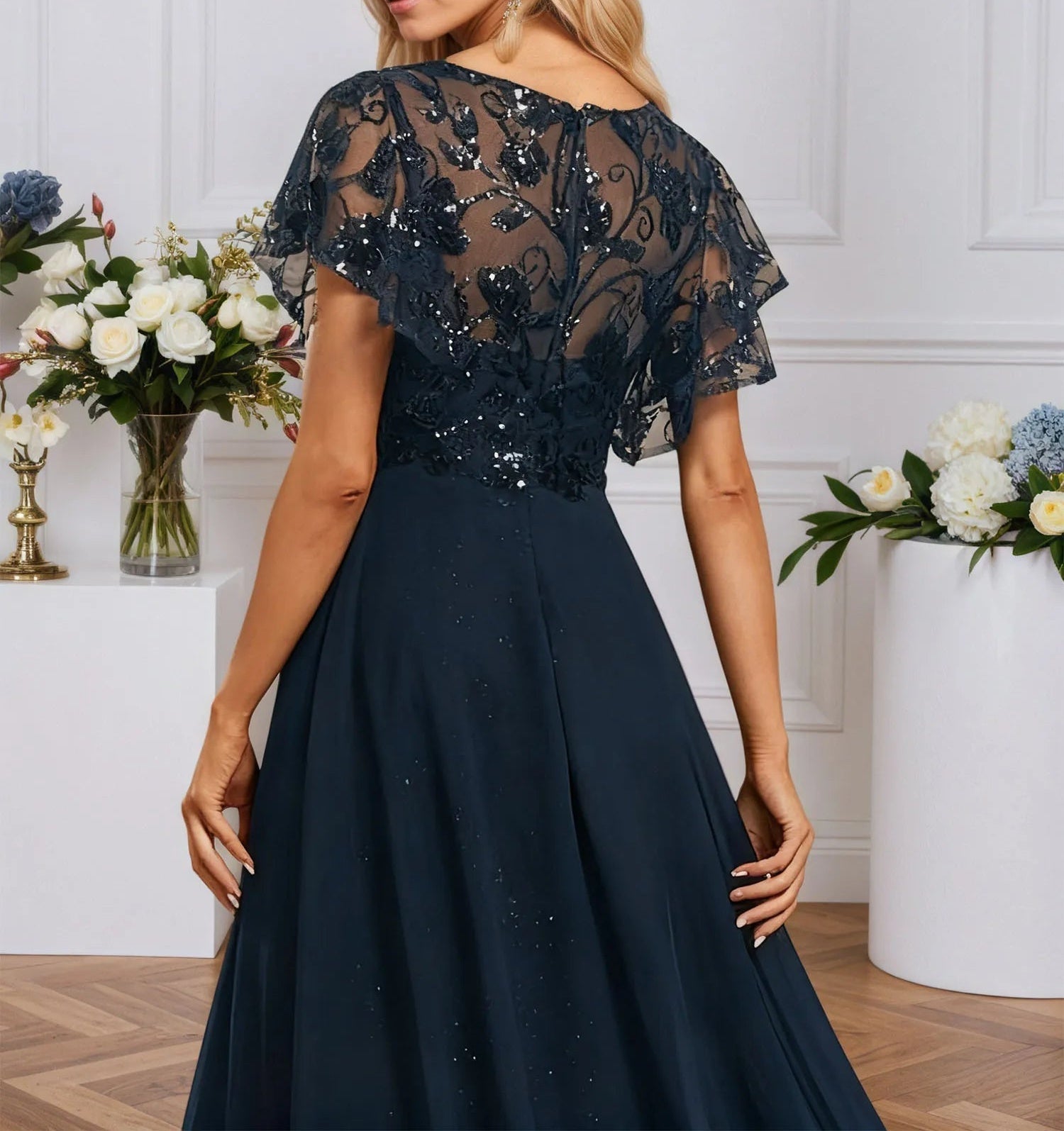 Sheath/Column Illusion V-Neck Floor-Length Sequin Chiffon Lace Evening Dress With Overskirt