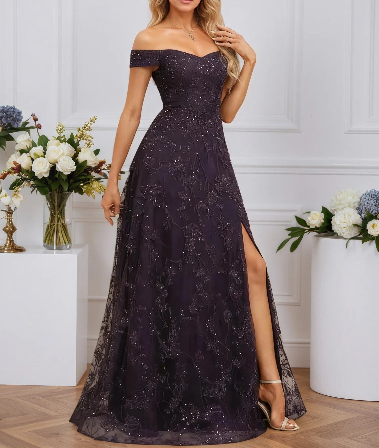 A-line Off the Shoulder Floor-Length Sequin Lace Evening Dress