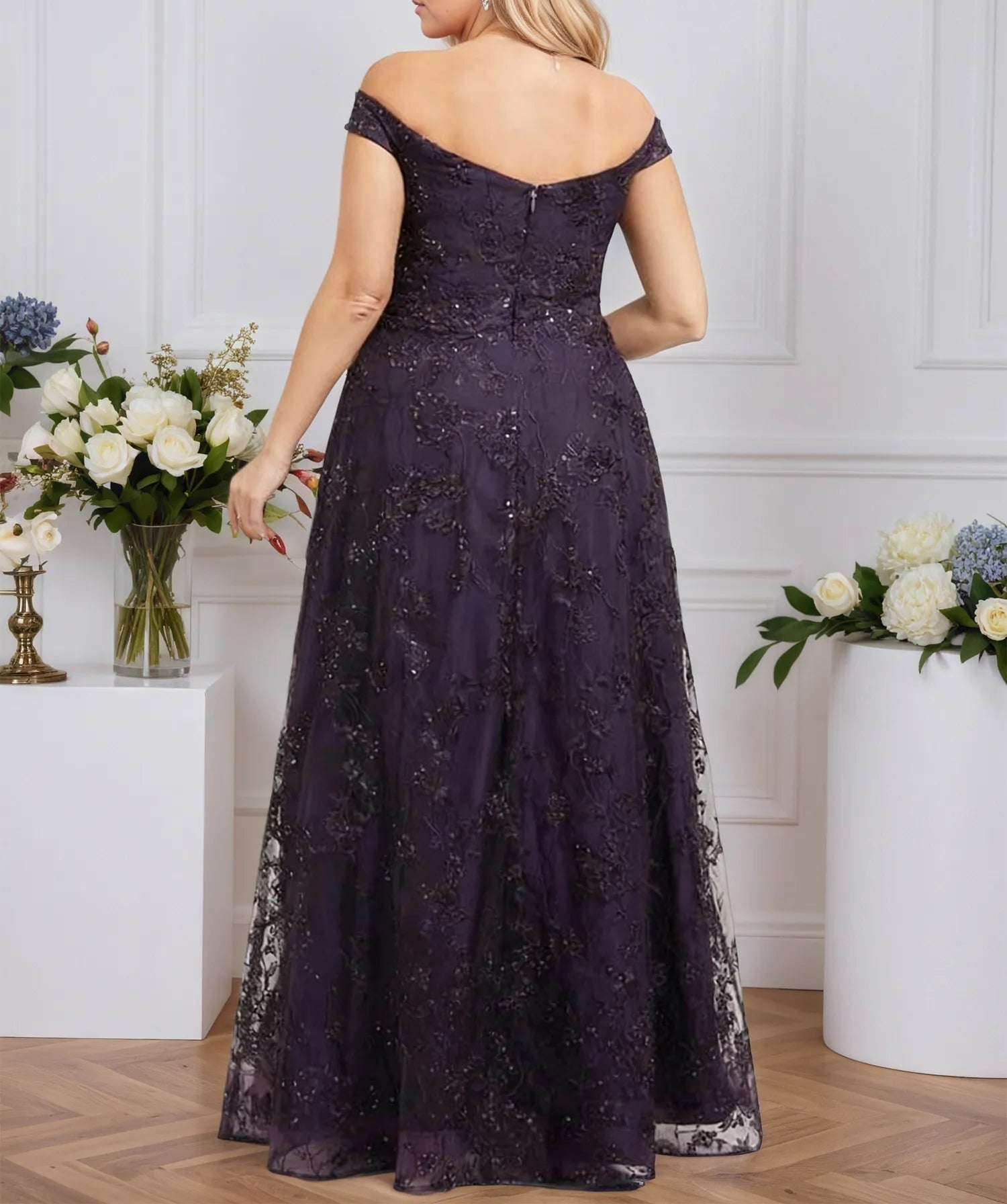 A-line Off the Shoulder Floor-Length Sequin Lace Evening Dress