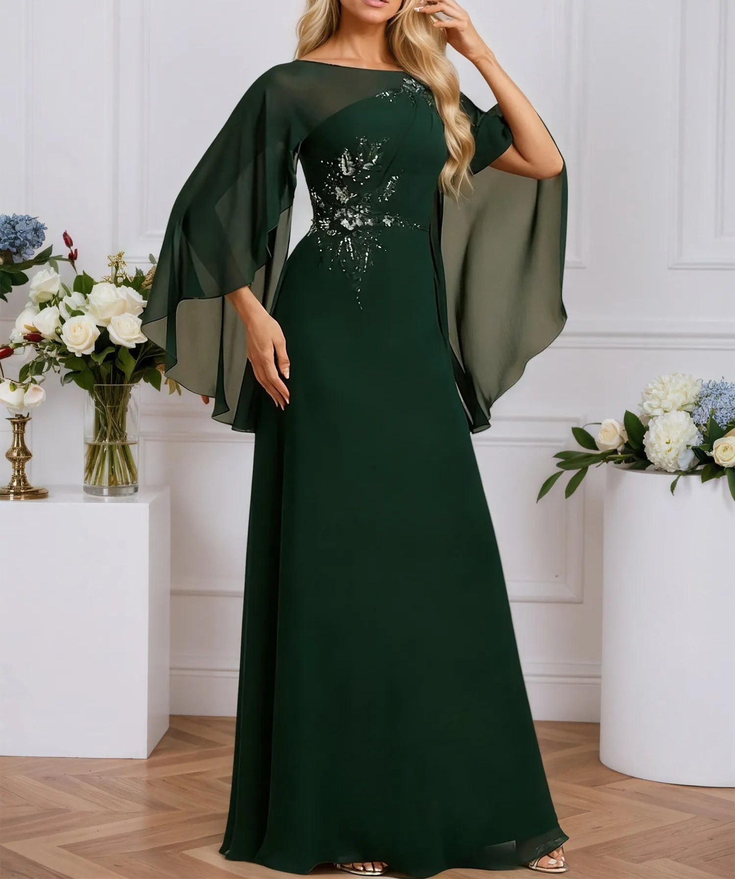 A-line Boat Neck Illusion Floor-Length Chiffon Evening Dress With Sequins Appliques Lace Pleated