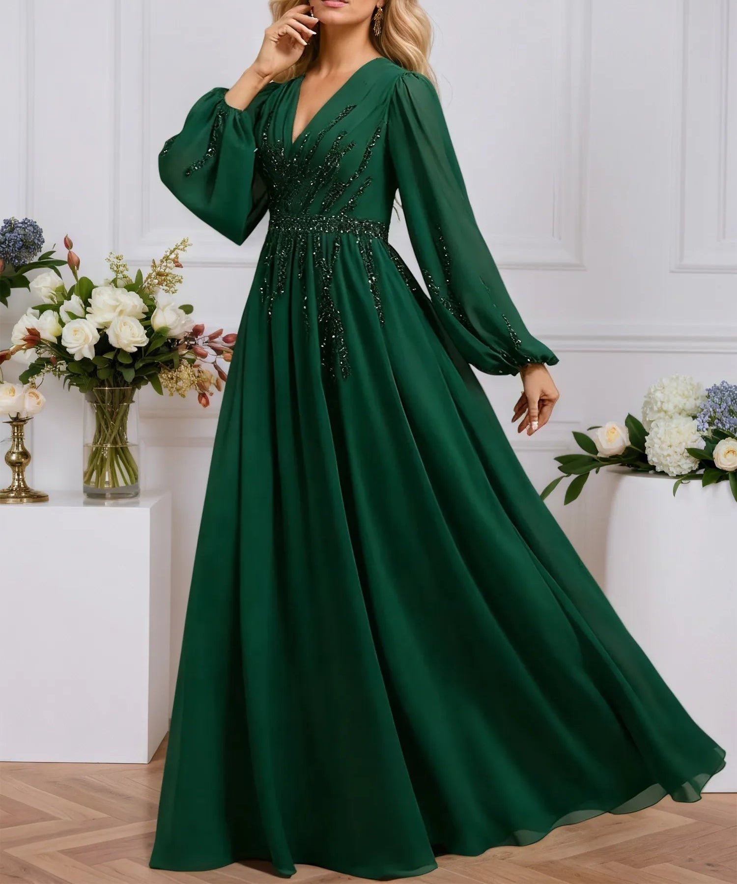 A-line V-Neck Floor-Length Chiffon Evening Dress With Pleated Sequins Beading