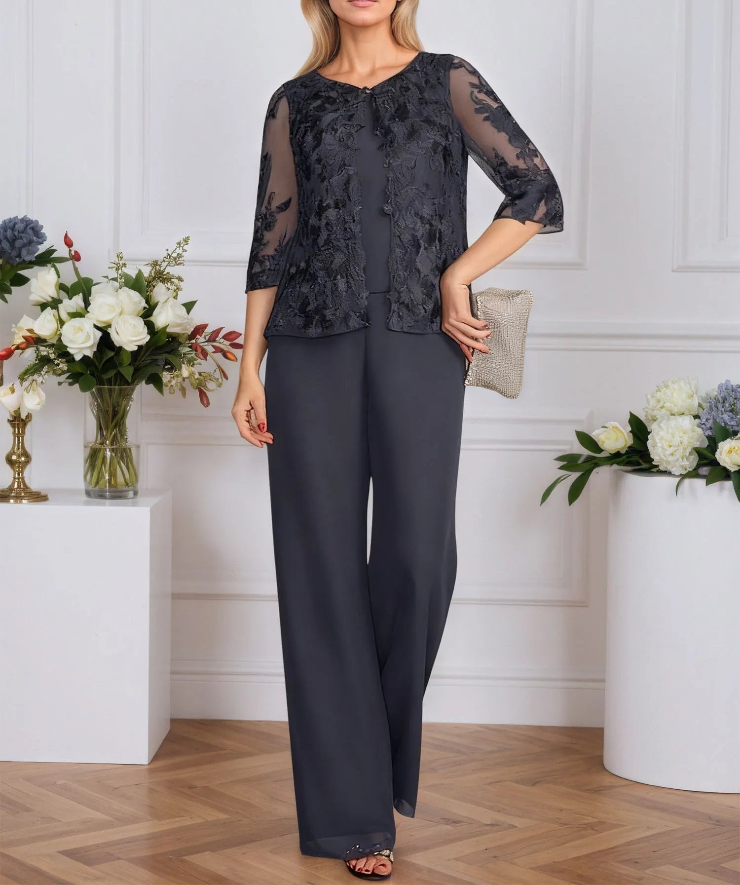 Pantsuits Separates V-Neck Floor-Length Lace Chiffon Mother of the Bride Dress