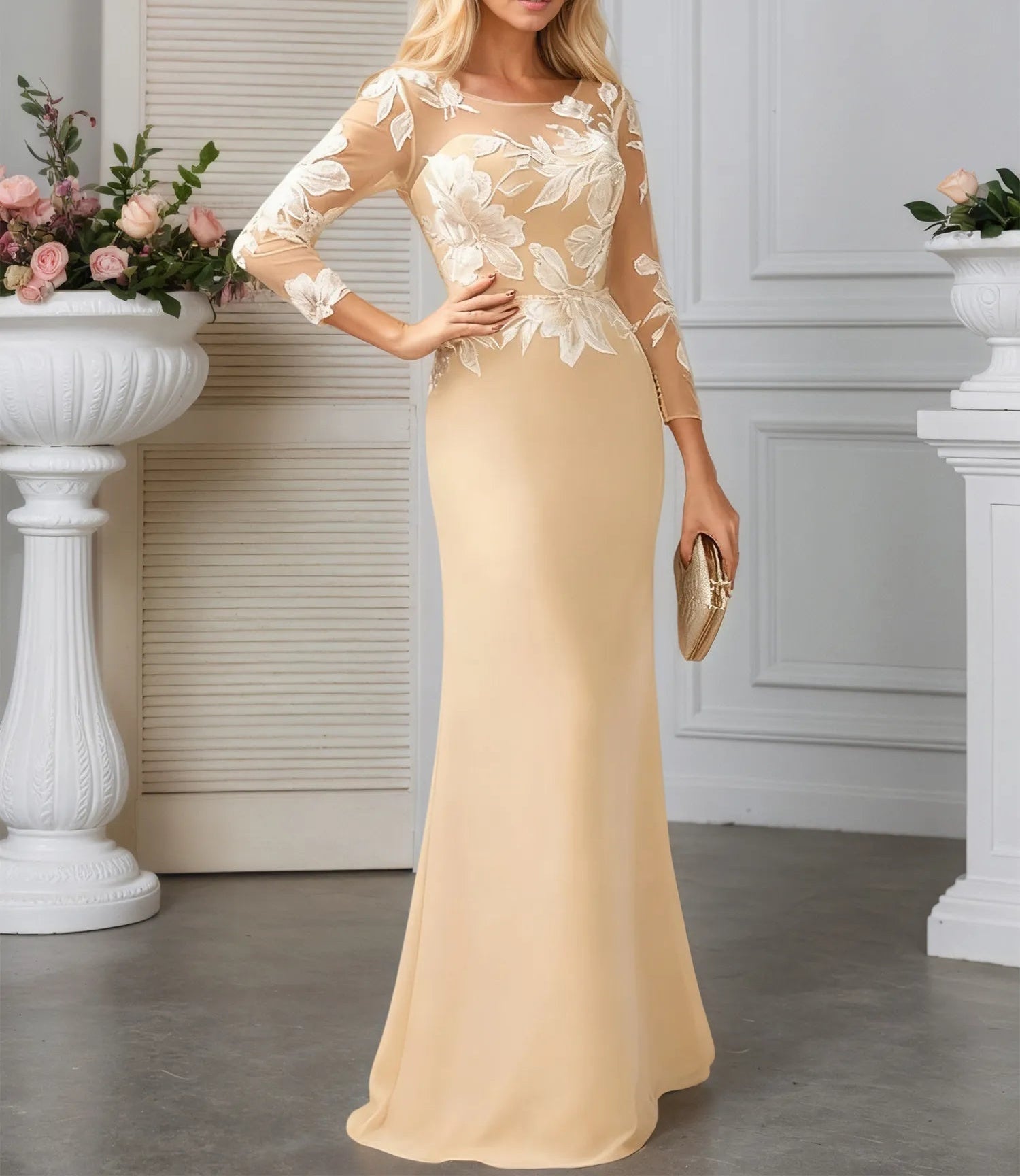 Sheath/Column Scoop Illusion Sweep Train Chiffon Evening Dress With Sequins
