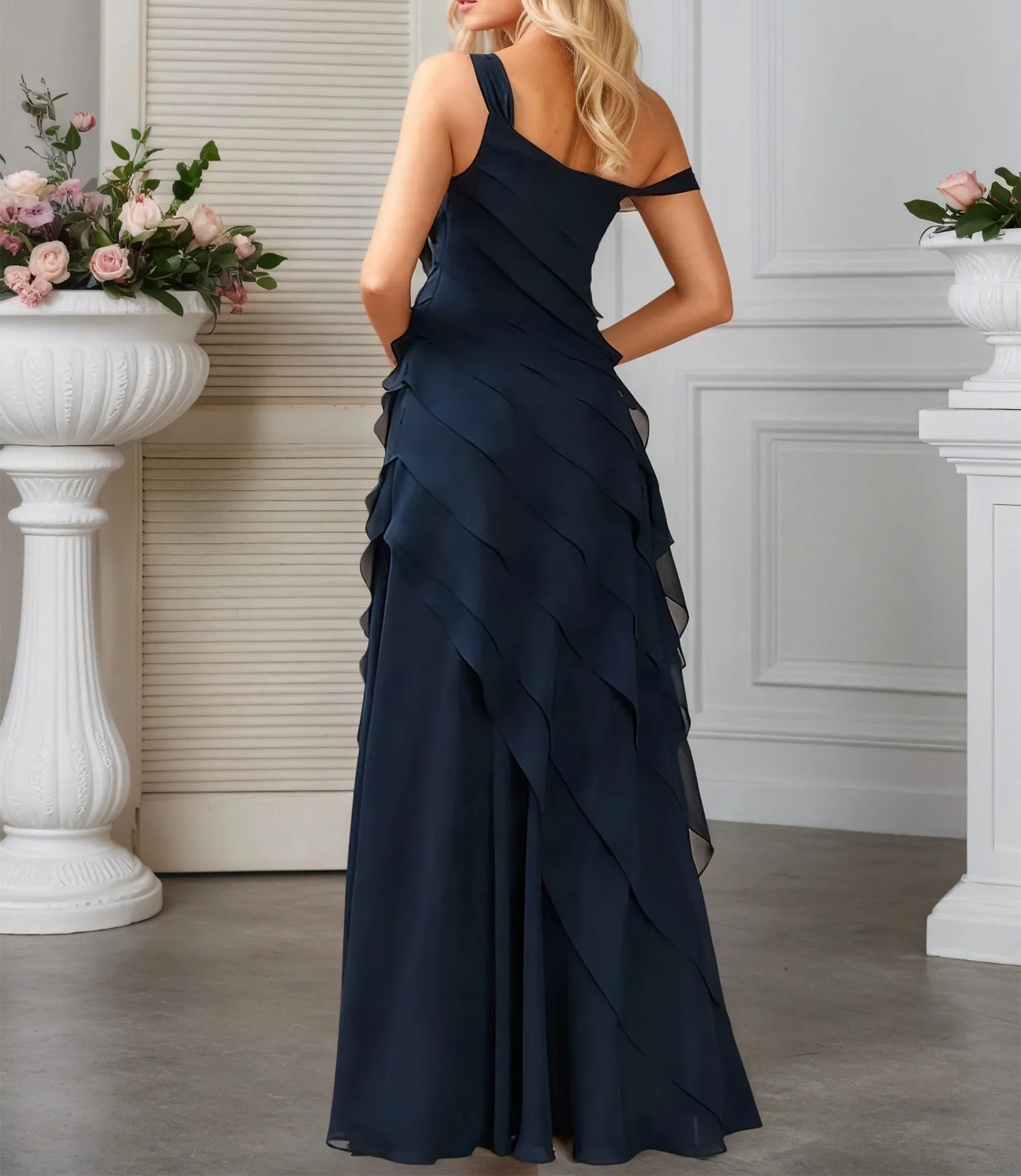 A-line One Shoulder Floor-Length Chiffon Evening Dress With Cascading Ruffles Flower