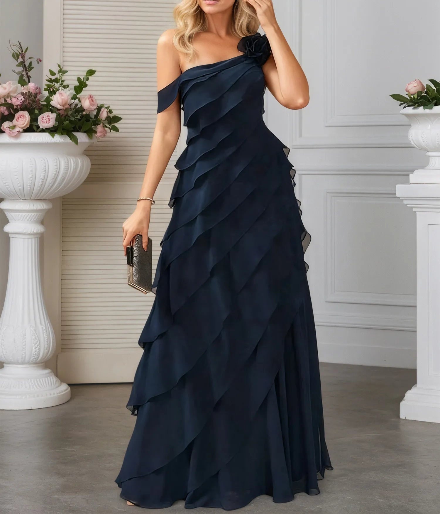 A-line One Shoulder Floor-Length Chiffon Evening Dress With Cascading Ruffles Flower