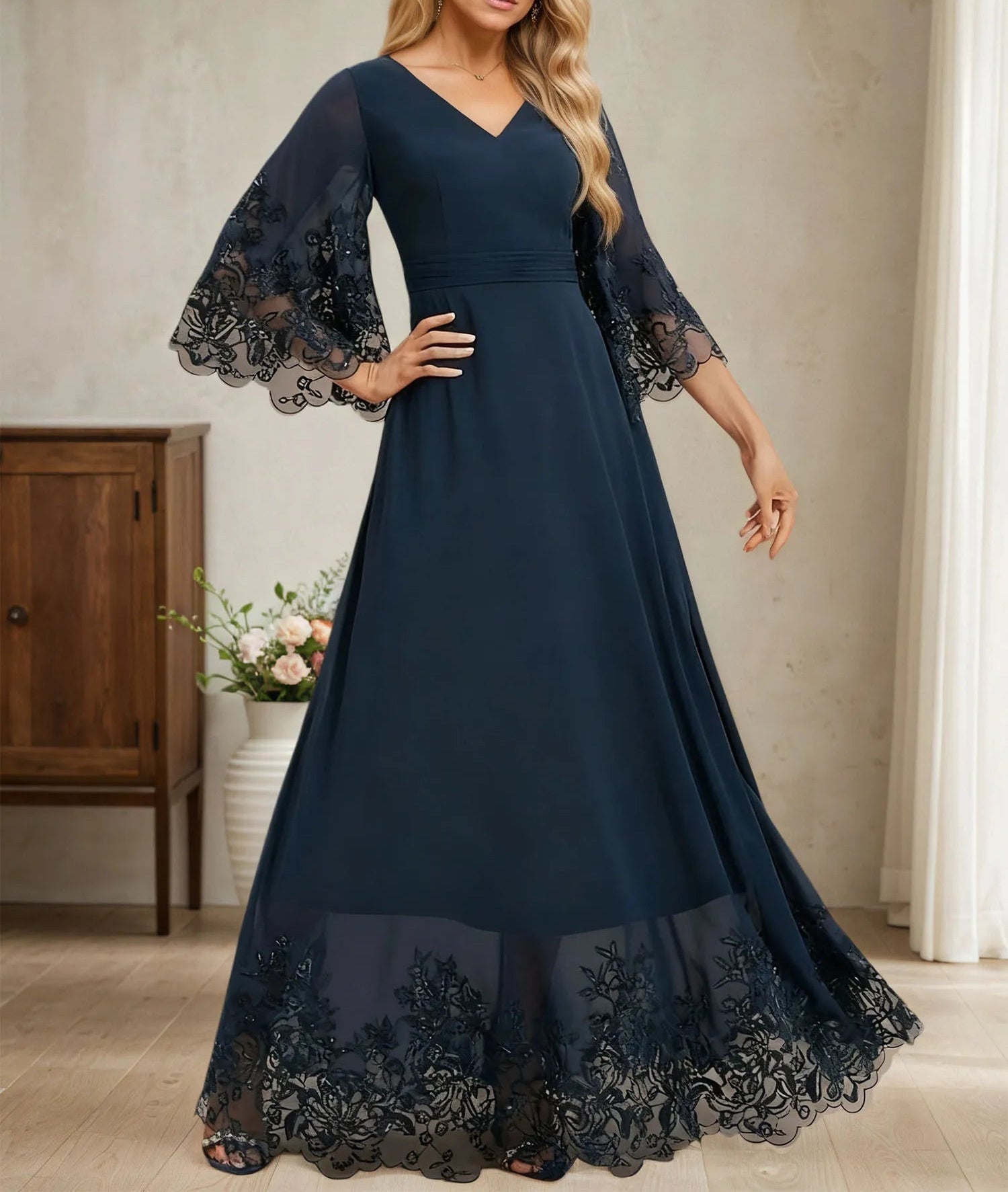 A-line V-Neck Floor-Length Chiffon Evening Dress With Pleated Sequins