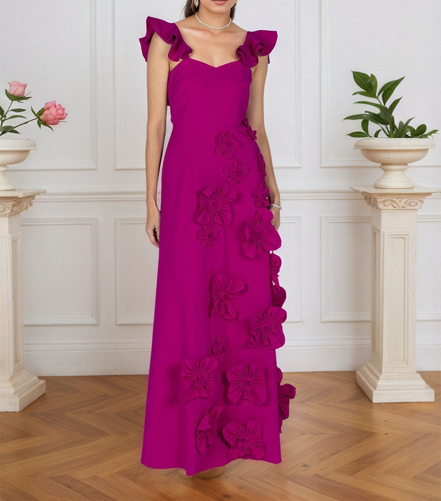 Lilac 3D Floral Sheath Formal Gown with Ruffle Sleeves