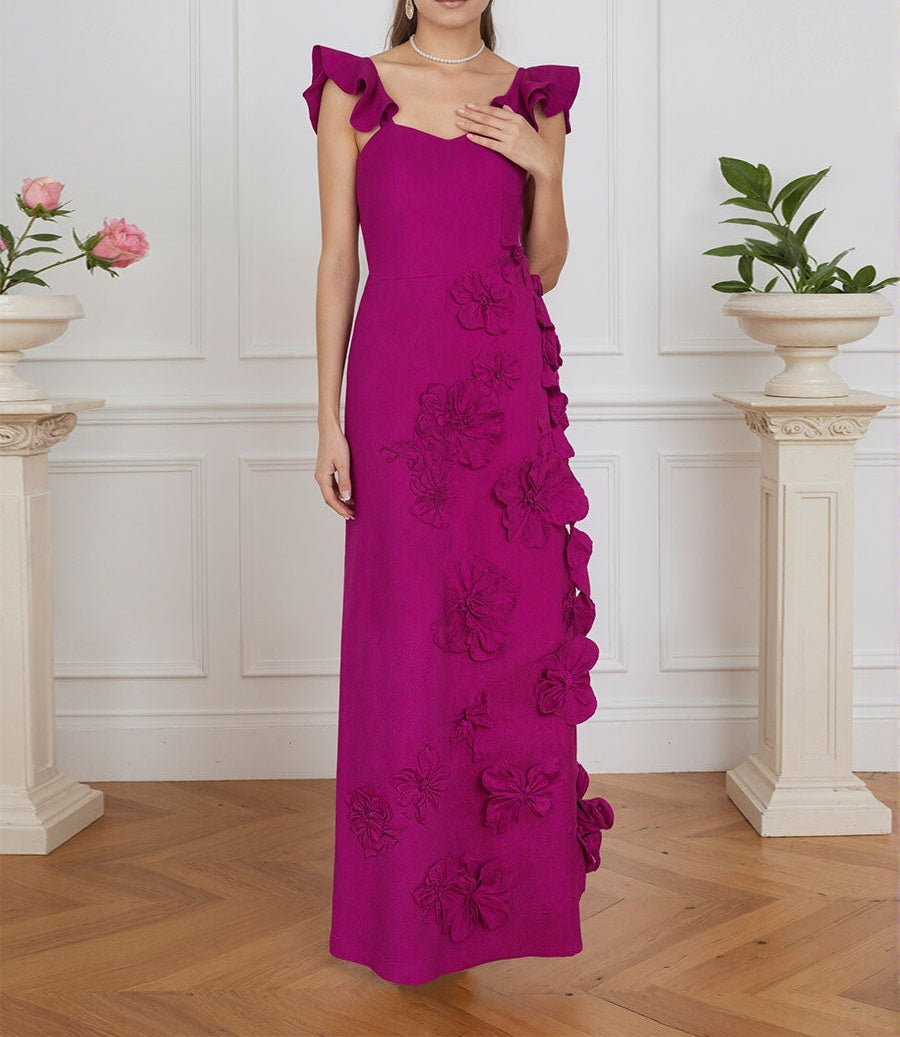 Lilac 3D Floral Sheath Formal Gown with Ruffle Sleeves