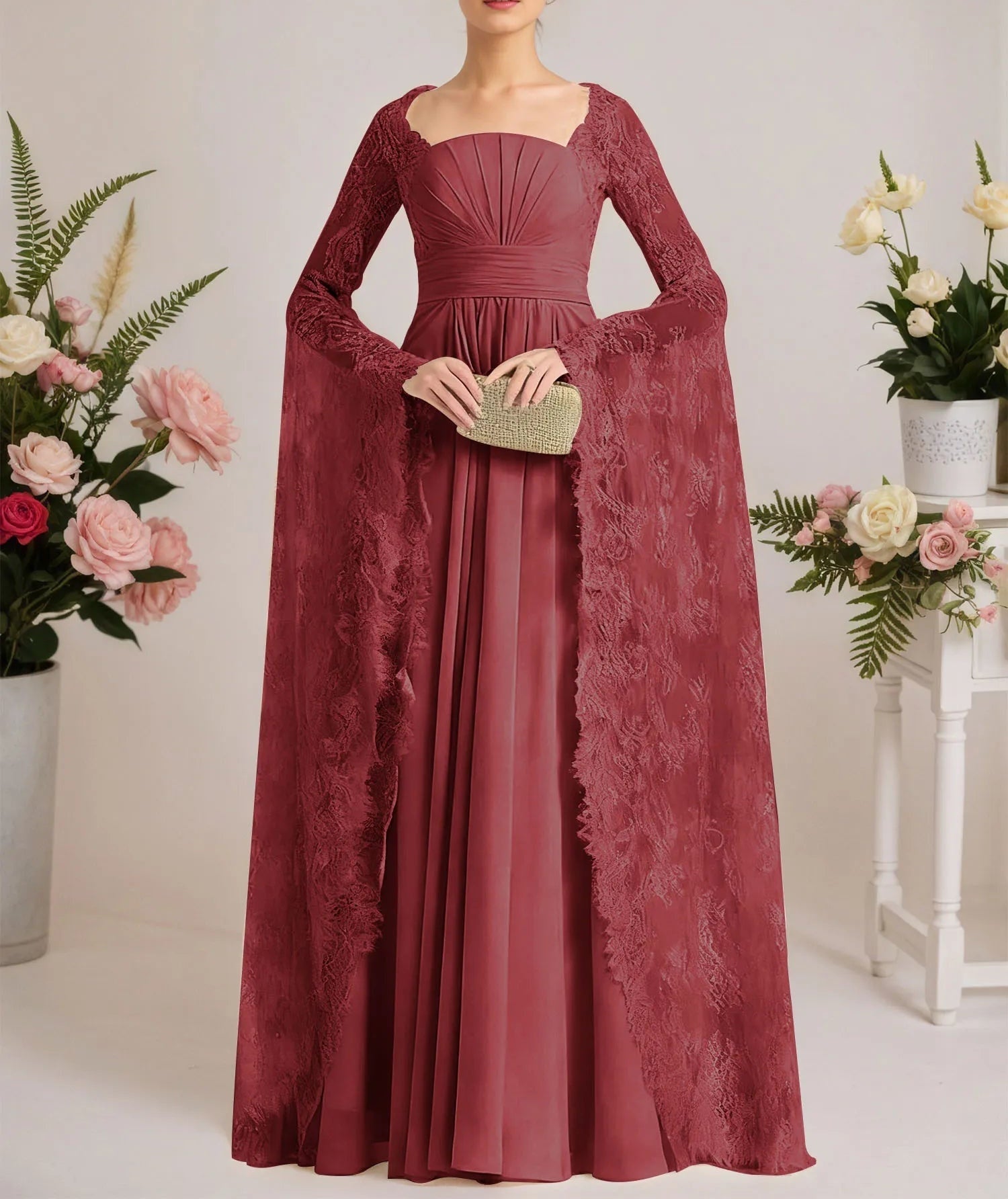 A-line Square Floor-Length Chiffon Lace Evening Dress With Beading Pleated