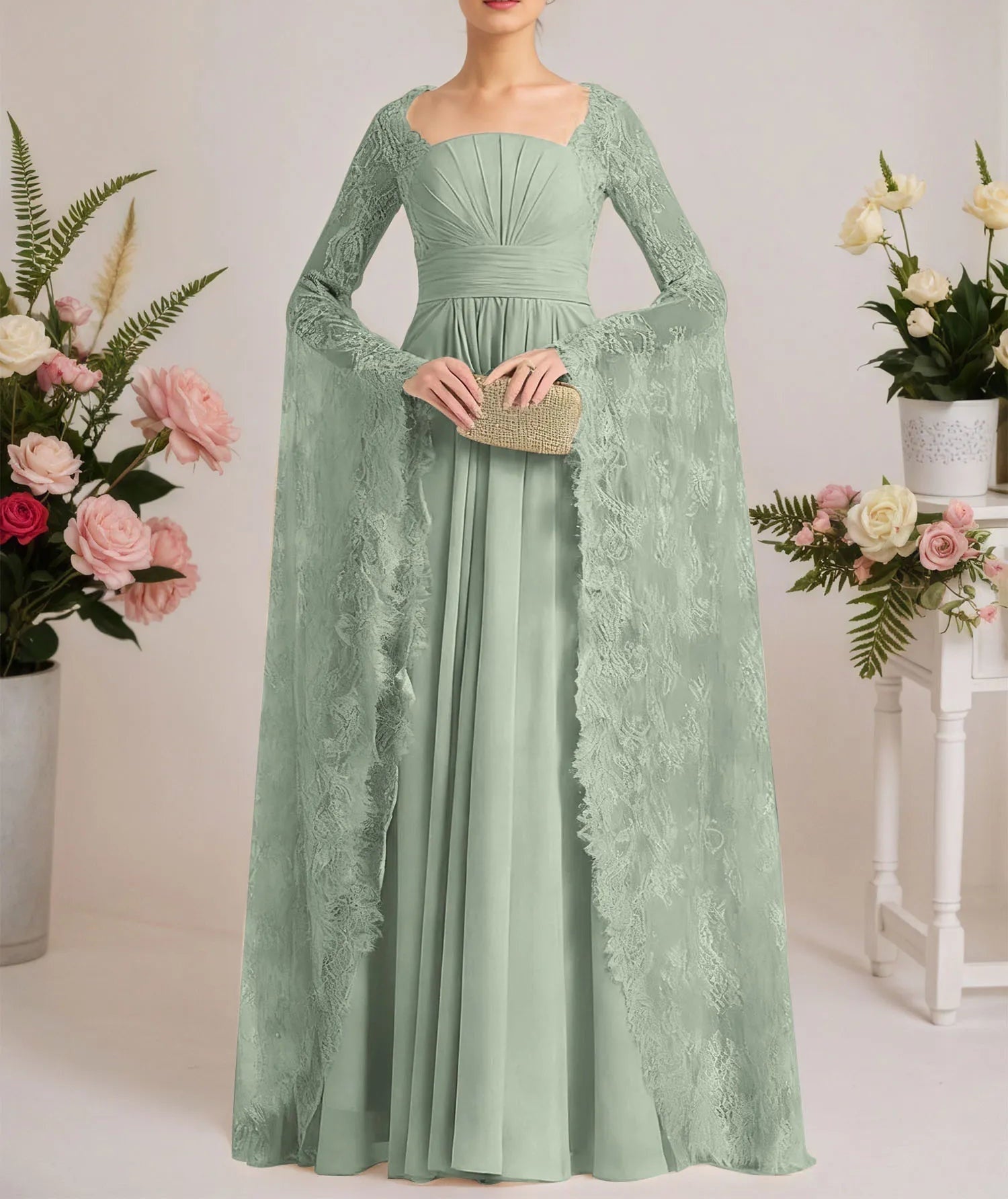A-line Square Floor-Length Chiffon Lace Evening Dress With Beading Pleated