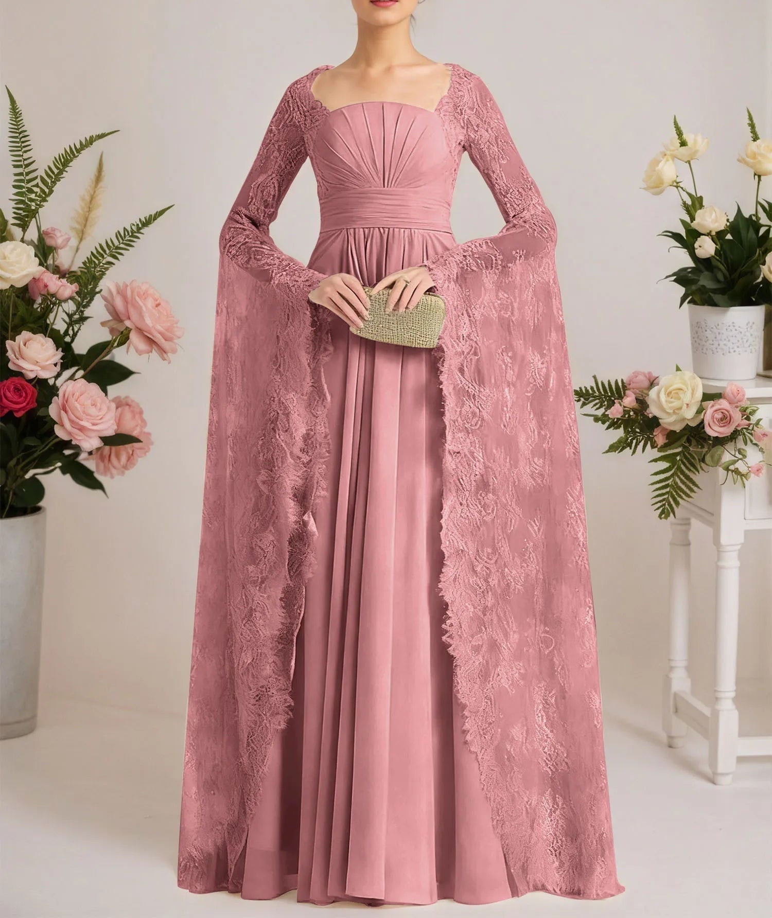 A-line Square Floor-Length Chiffon Lace Evening Dress With Beading Pleated
