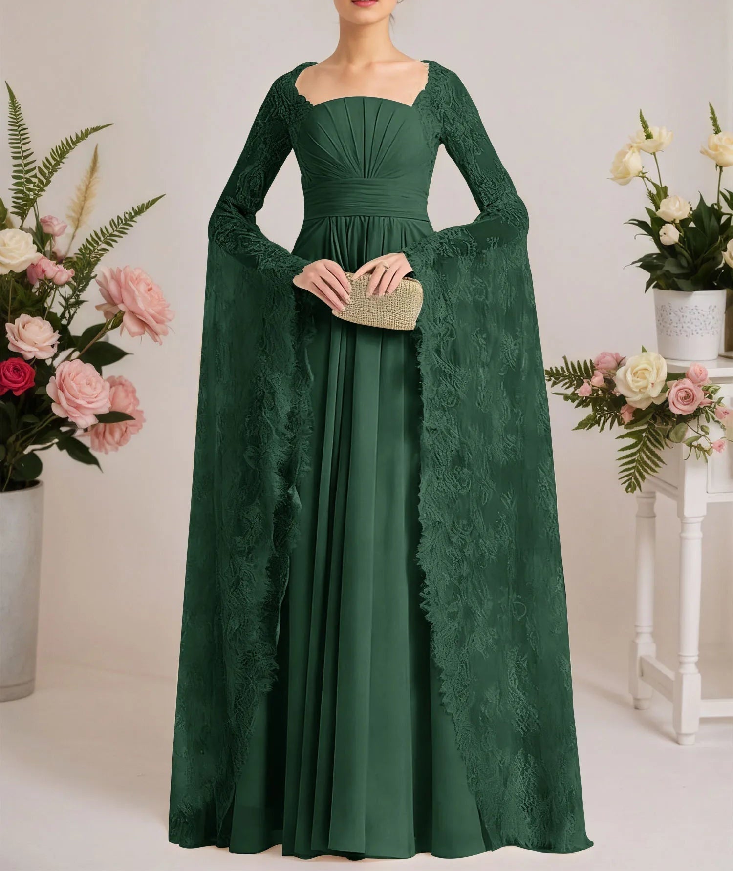 A-line Square Floor-Length Chiffon Lace Evening Dress With Beading Pleated