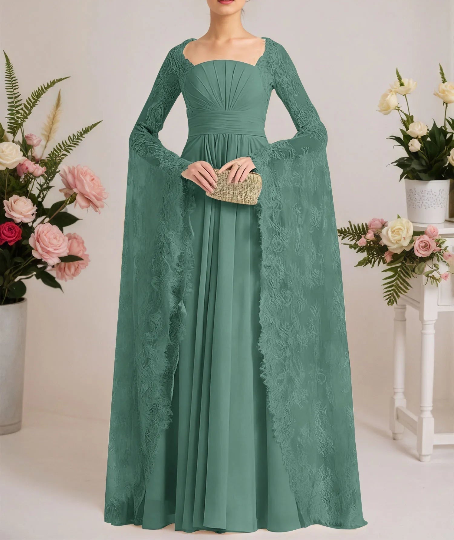 A-line Square Floor-Length Chiffon Lace Evening Dress With Beading Pleated