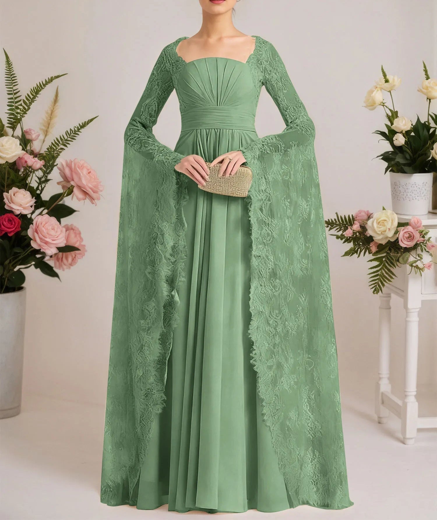 A-line Square Floor-Length Chiffon Lace Evening Dress With Beading Pleated
