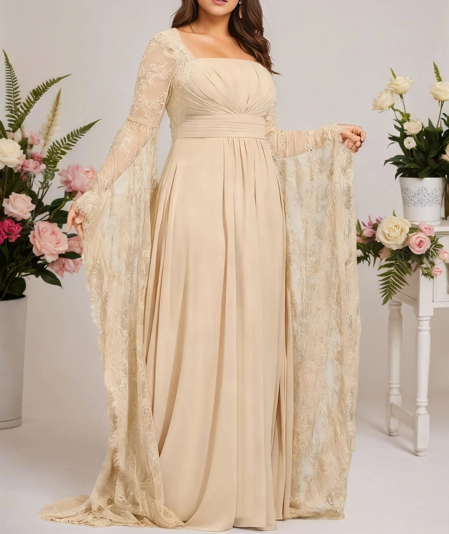 A-line Square Floor-Length Chiffon Lace Evening Dress With Beading Pleated