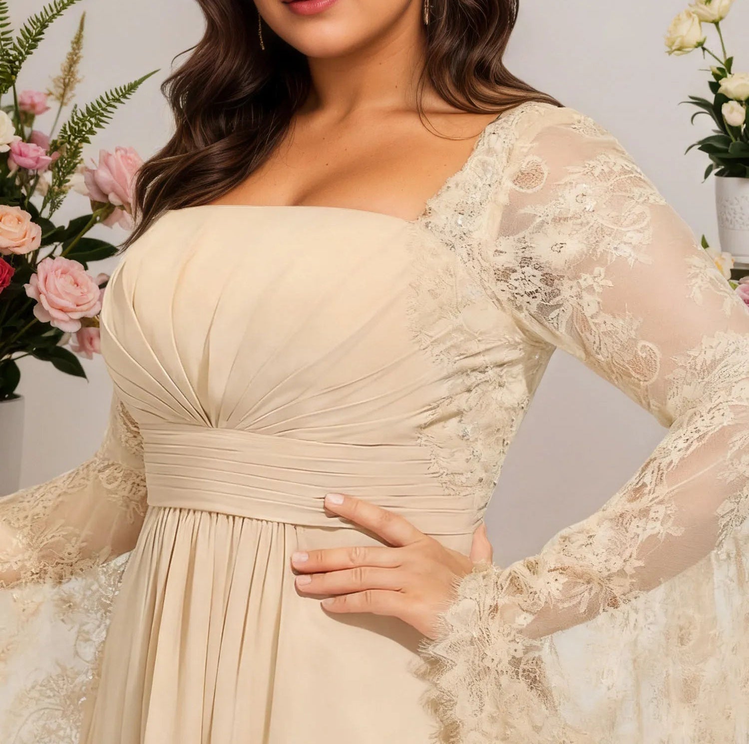 A-line Square Floor-Length Chiffon Lace Evening Dress With Beading Pleated