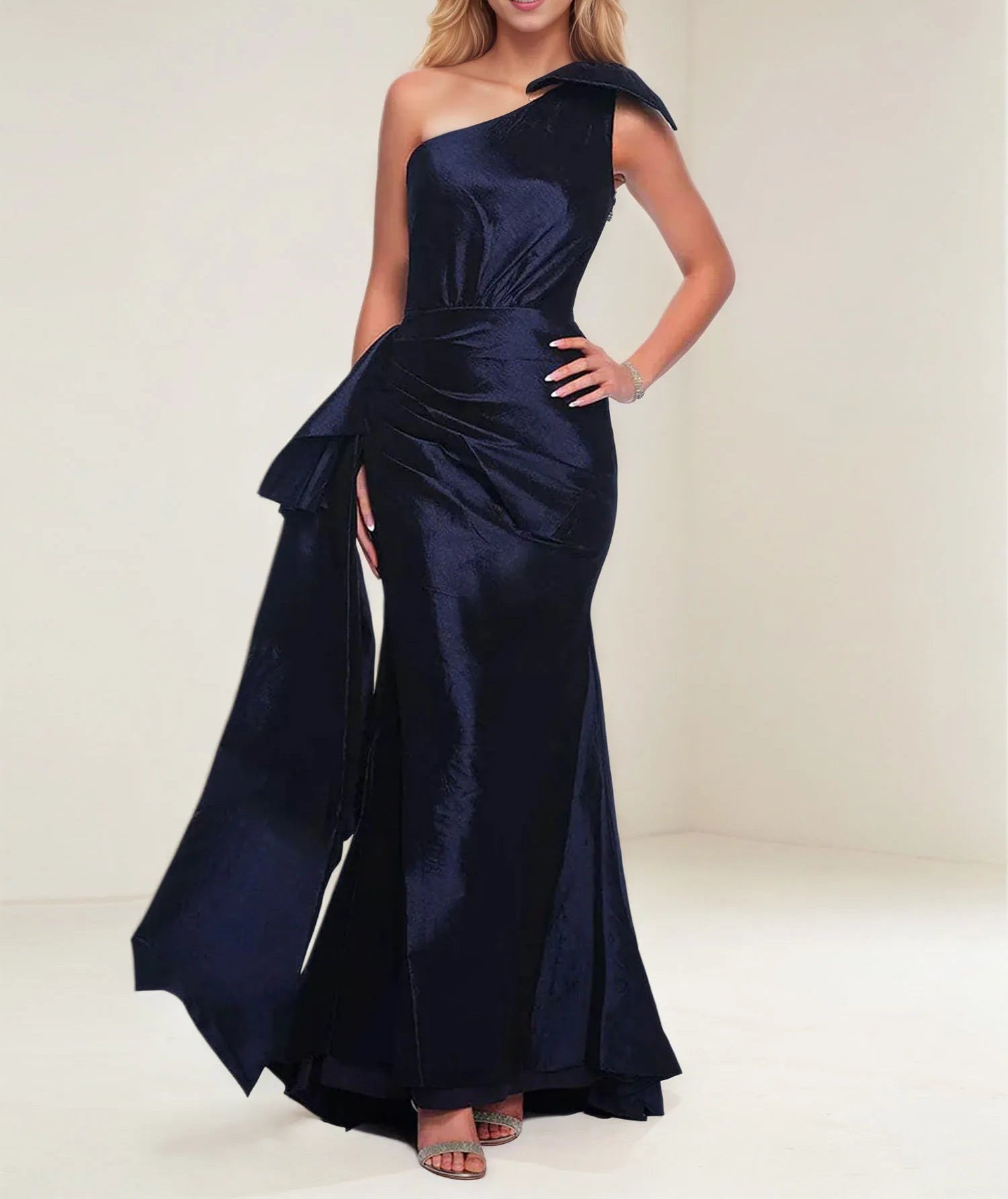 Sheath One Shoulder Sleeveless Bow Floor-Length Fitted Dress