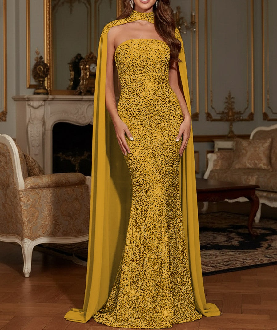 Elegant Mermaid Glitter Sequin Strapless Floor Length Prom Dresses with Cape