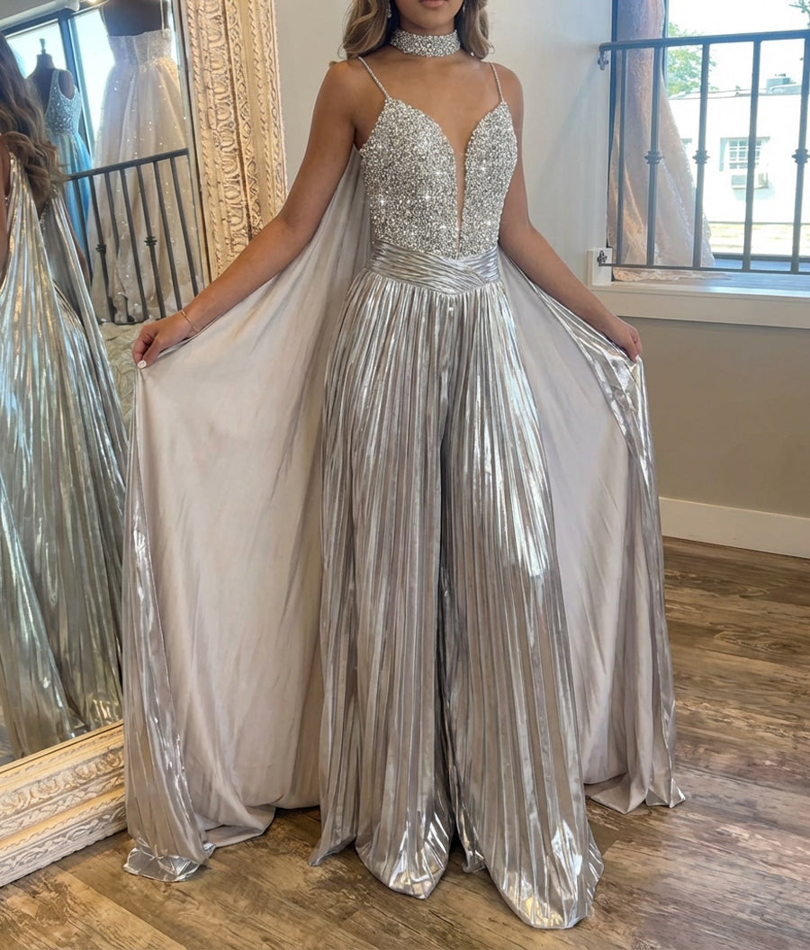 Jumpsuits Sequin V-Neck Sparkly Long Prom Dresses with Cape