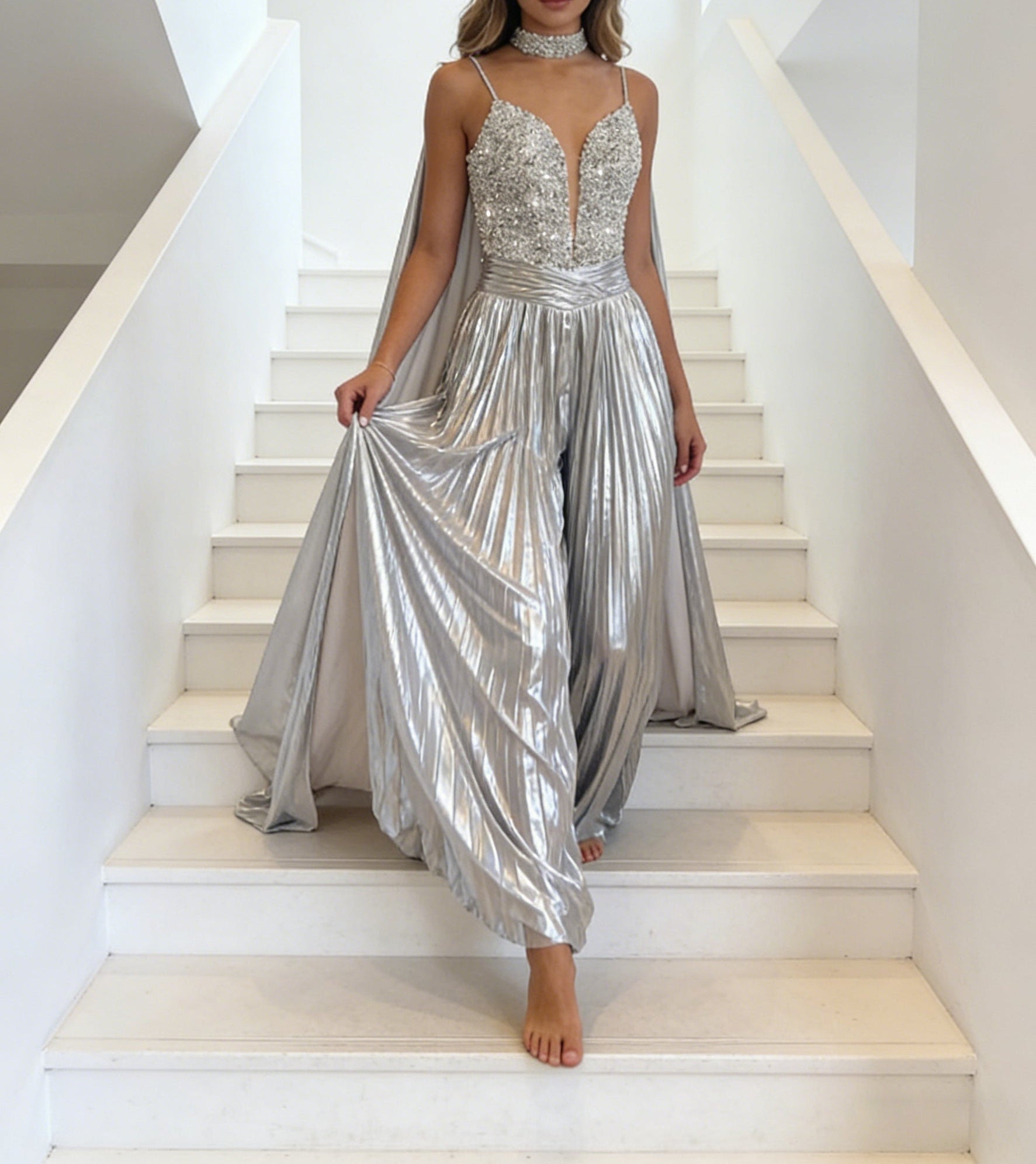 Jumpsuits Sequin V-Neck Sparkly Long Prom Dresses with Cape