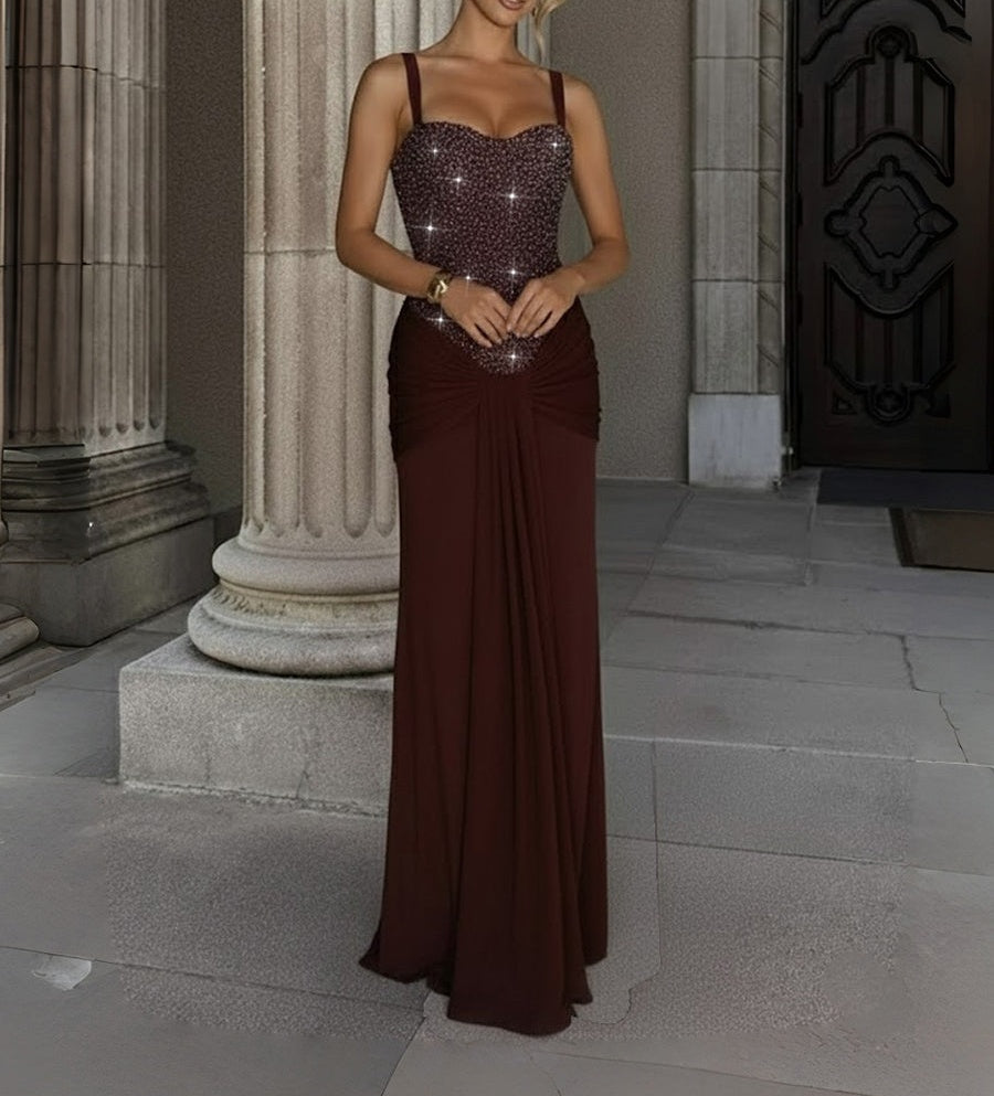 Mermaid/Trumpet Spaghetti Strap Sweetheart Sequin Floor-Length Formal Evening Dresses with Ruched Satin