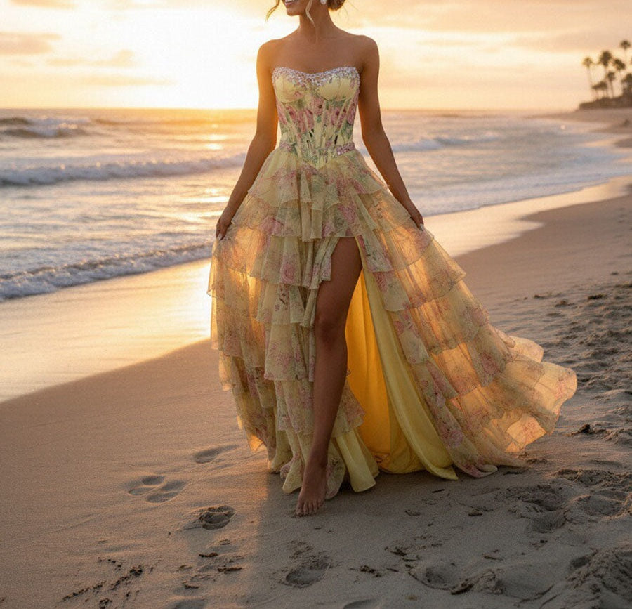 Mermaid Tiered Floor-Length Fancy Formal Prom Dresses with Flower