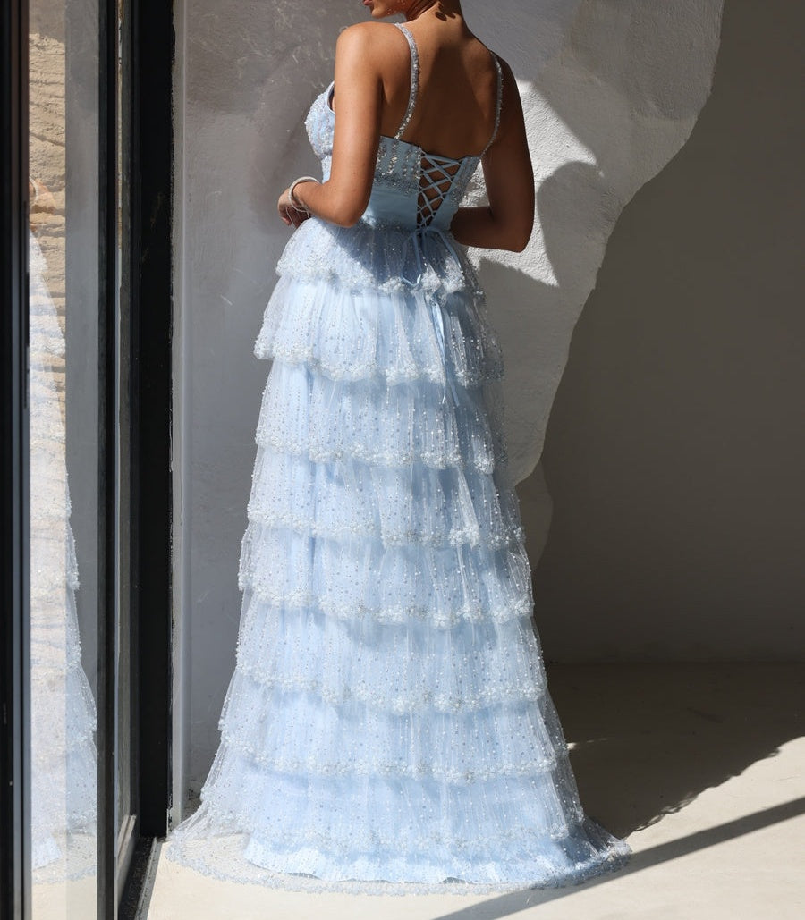 A-Line/Princess V-Neck Tiered Tulle Floor-Length Prom Dresses with Beading
