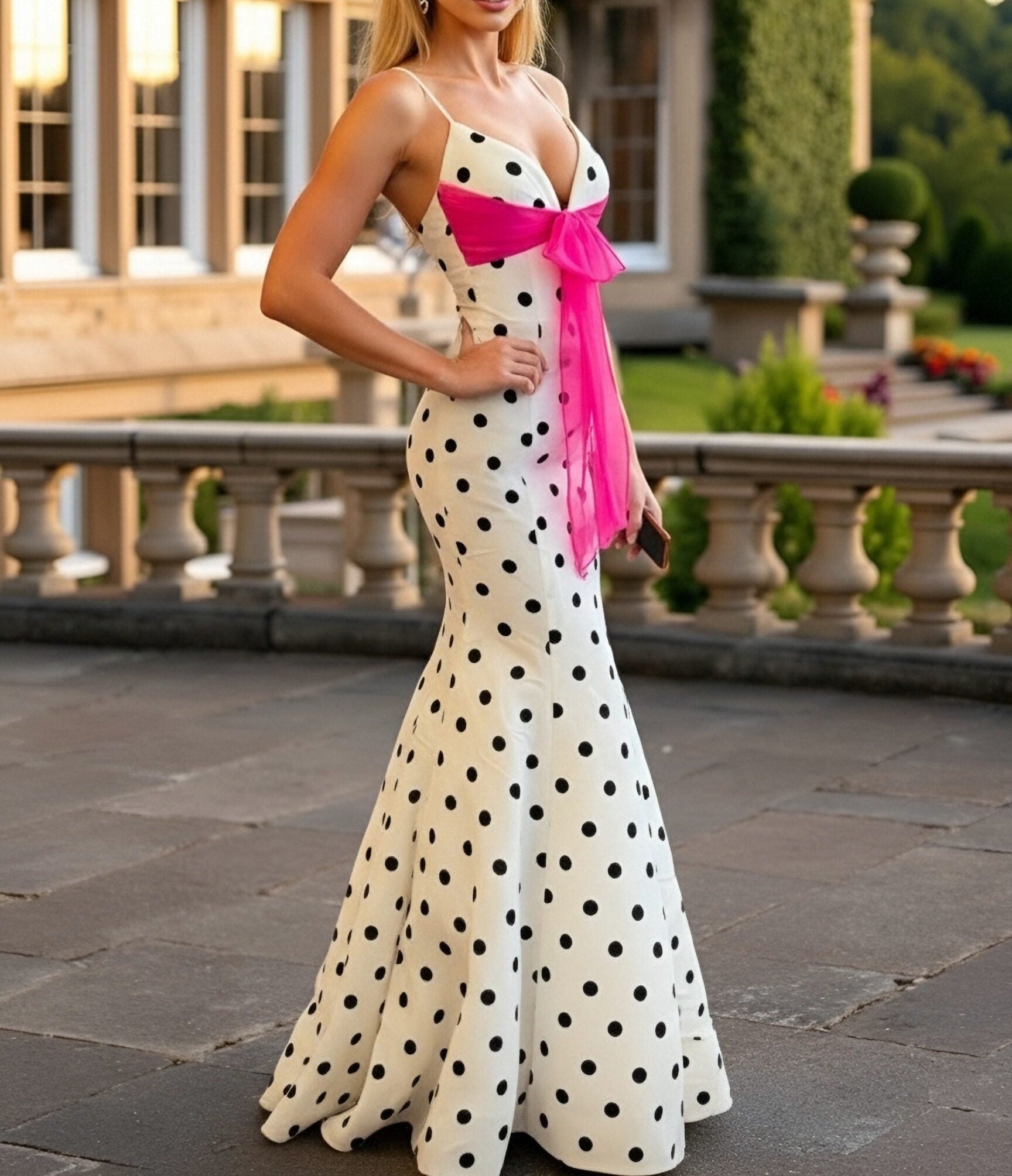 Mermaid V Neck Polka Dot Sleeveless Floor Length Prom Gown with Bow