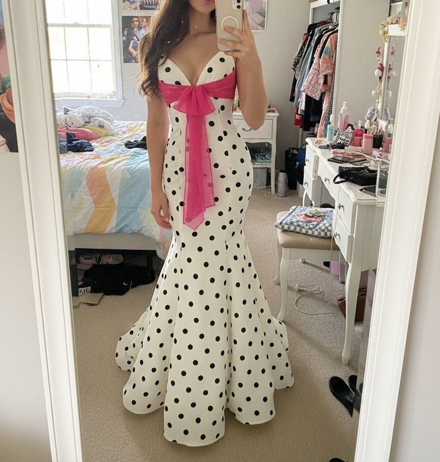 Mermaid V Neck Polka Dot Sleeveless Floor Length Prom Gown with Bow