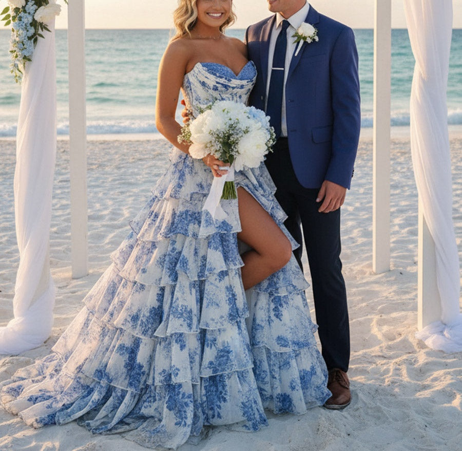 A Line/Princess Tiered Floor-Length Fancy Prom Dresses with Flower Ruffles