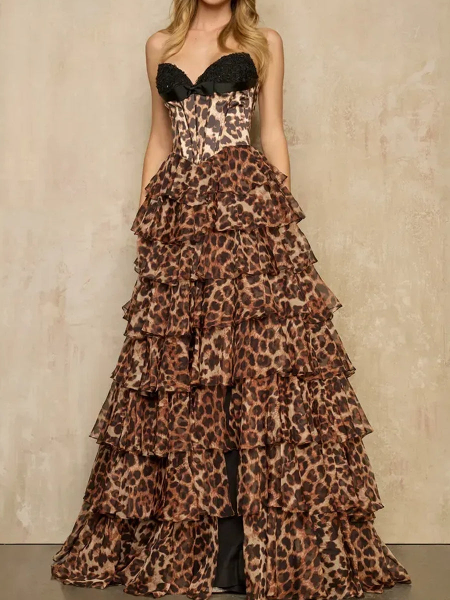 A-Line/Princess Strapless Sweetheart Tiered Ruffles Prom Dresses with Bow