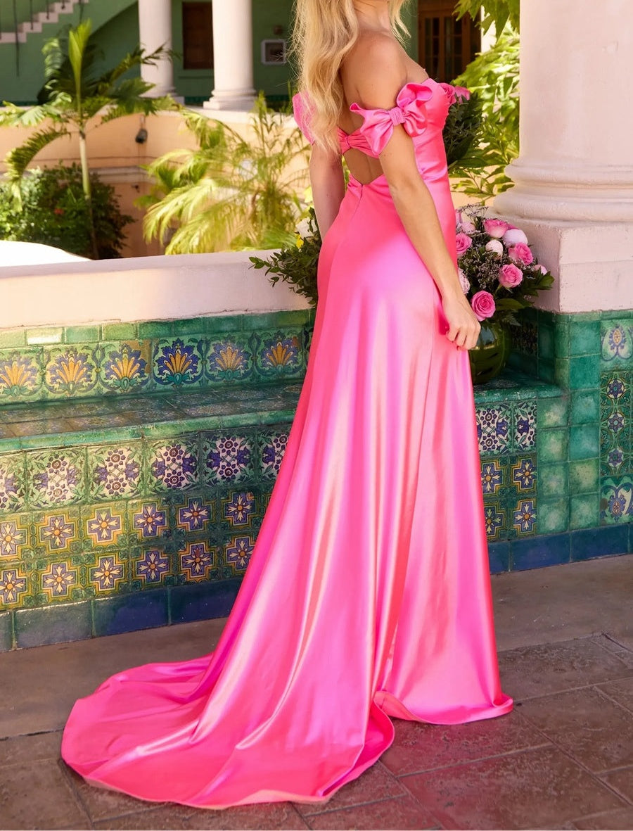 Sheath/Column Off Shoulder Sweetheart Corset Satin Long Prom Dresses with Bows