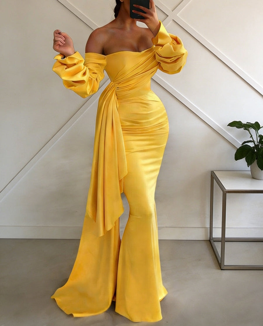 Sheath/Column Off Shoulder Long Sleeves Satin Floor-Length Prom Dresses with Pleats