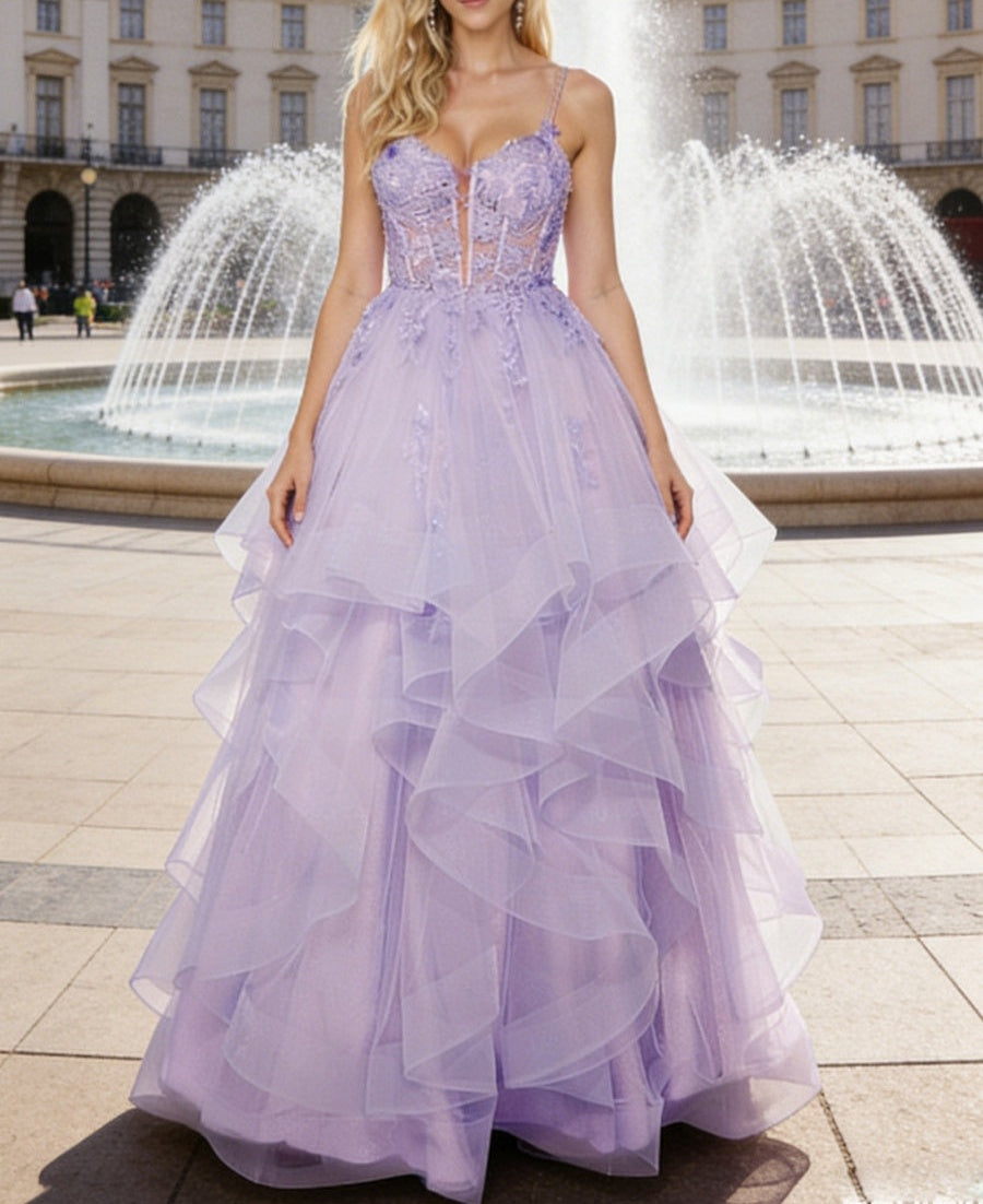 Ball Gown Dreamy Princess Ruffled Tiered Tulle Prom Dresses with Lace Appliques