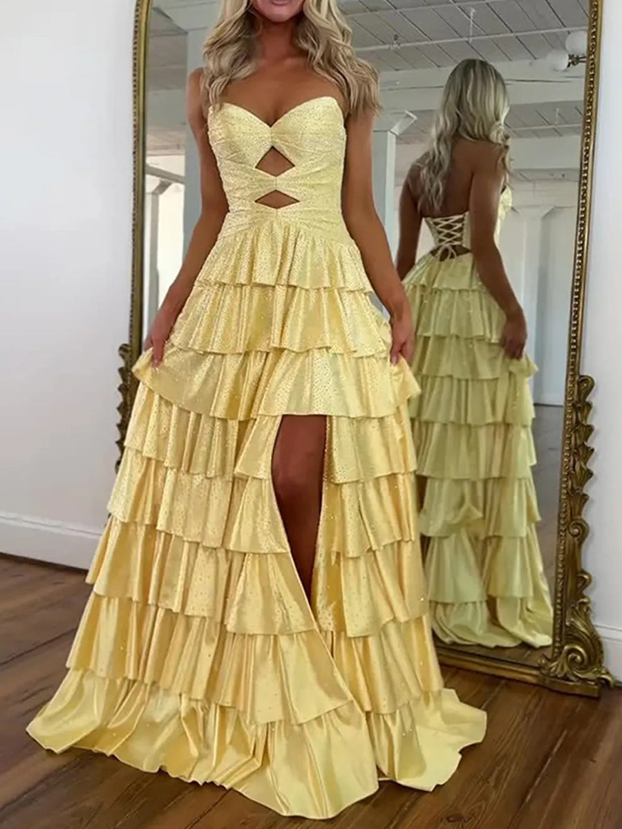A-Line/Princess Sparkly Tiered Cut Out Floor-Length Formal Prom Dresses