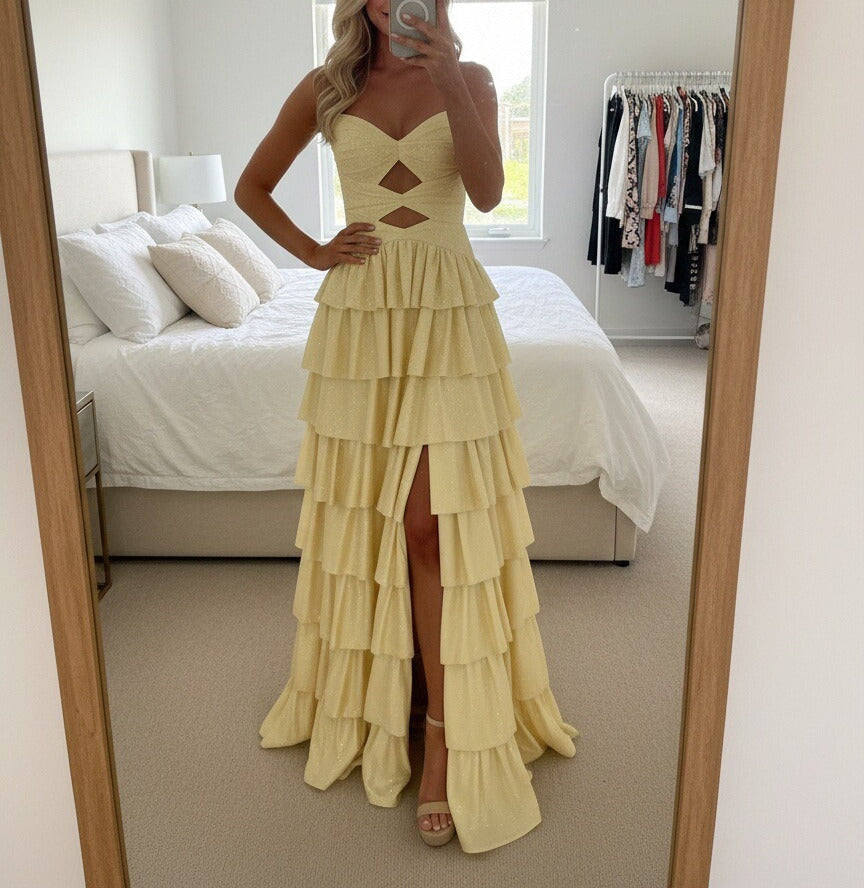 A-Line/Princess Sparkly Tiered Cut Out Floor-Length Formal Prom Dresses