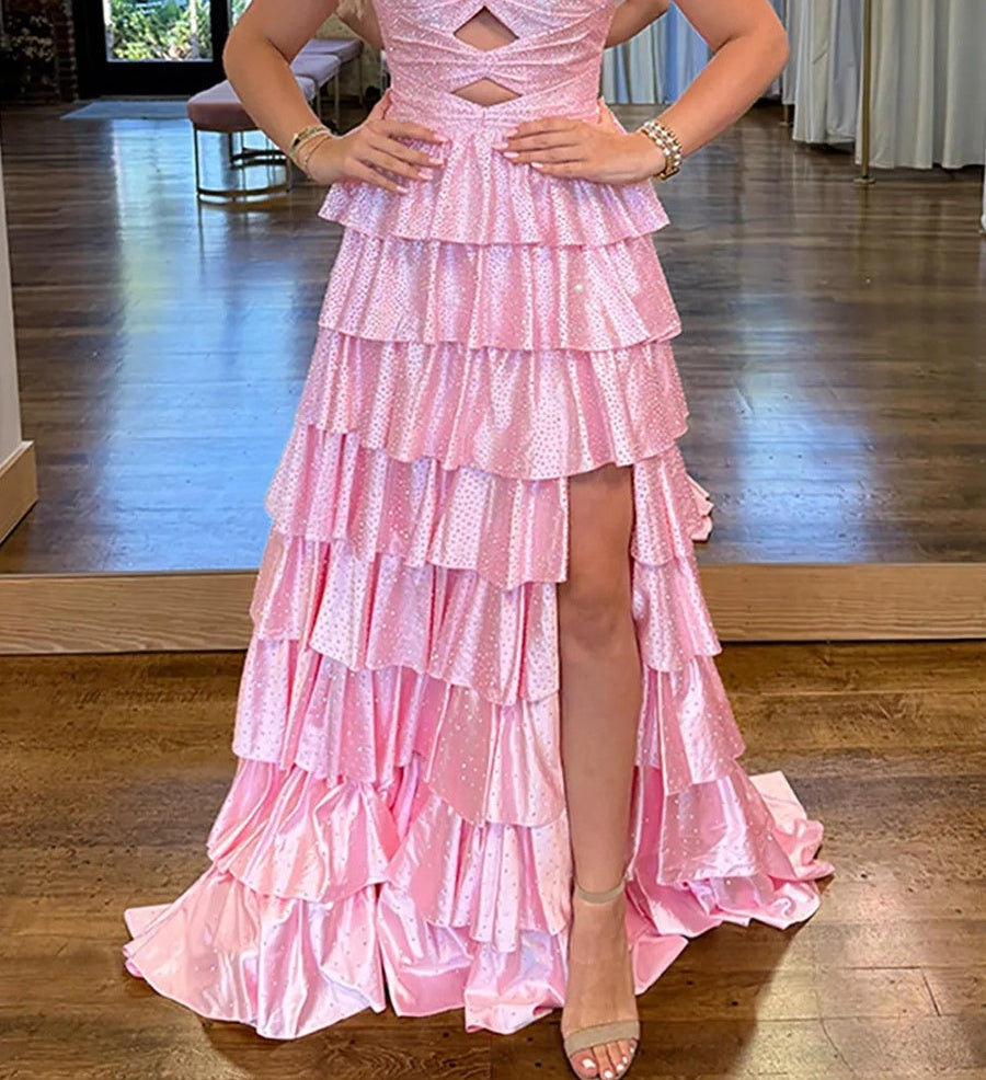 A-Line/Princess Sparkly Tiered Cut Out Floor-Length Formal Prom Dresses