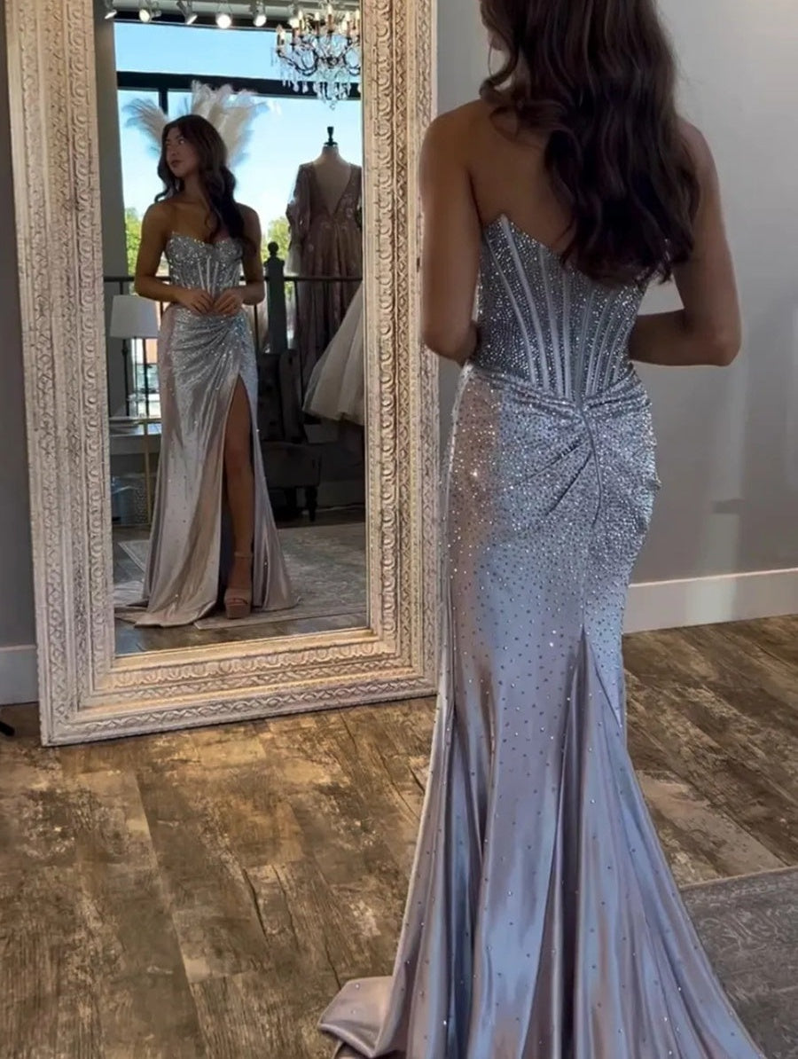 Mermaid/Trumpet Sweetheart Glitter Beading Long Prom Dresses with Corset