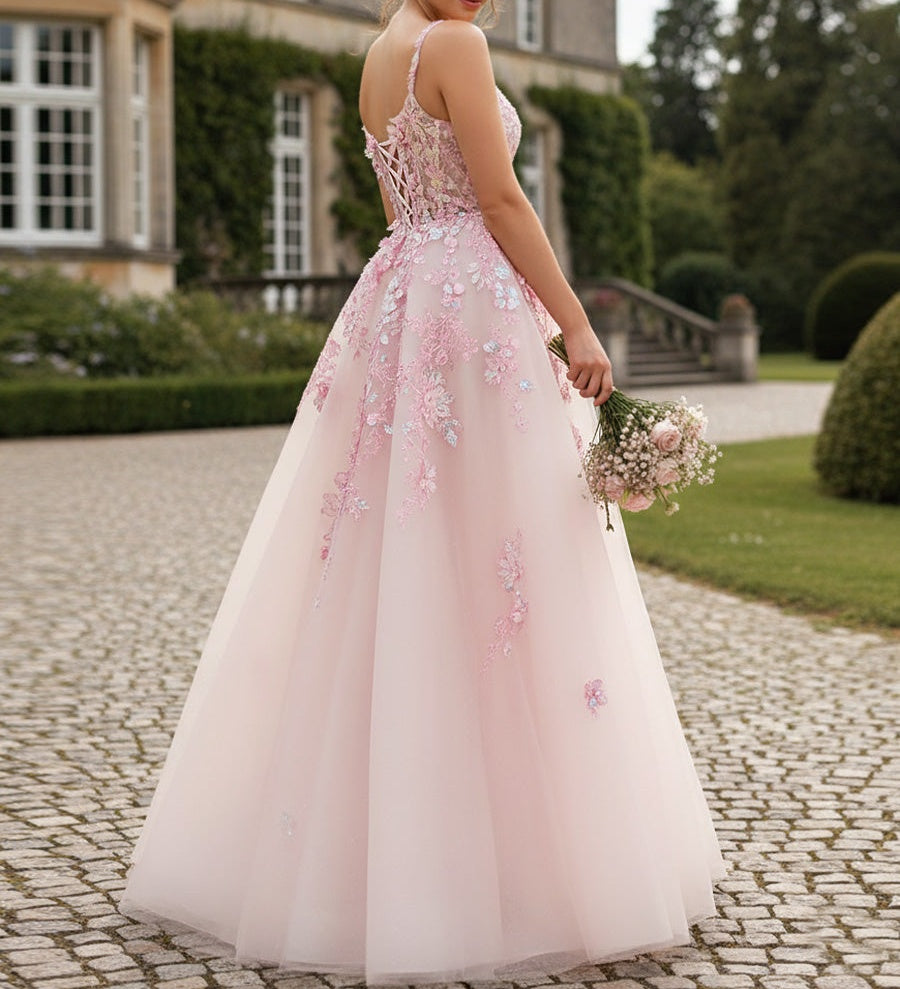 Fair A-Line/Princess Floral Appliques Floor-Length Prom Dresses