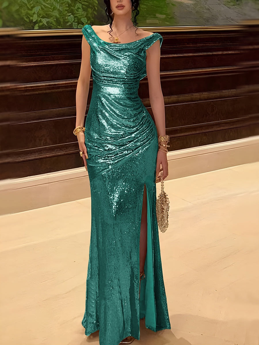 Sequin Off Shoulder Prom Dresses Bodycon Sparkly High Slit