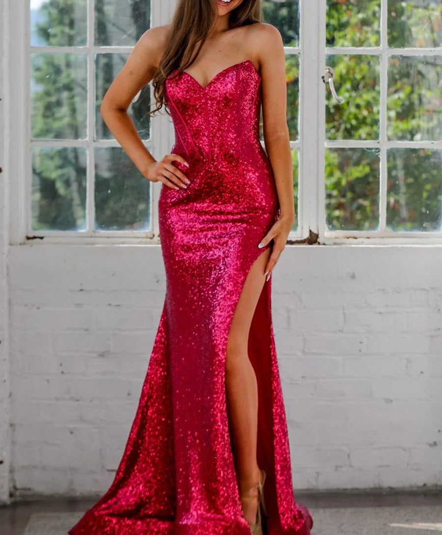 Sparkly Sequin Sweetheart Strapless Mermaid/Trumpet Long Prom Dresses with Slit