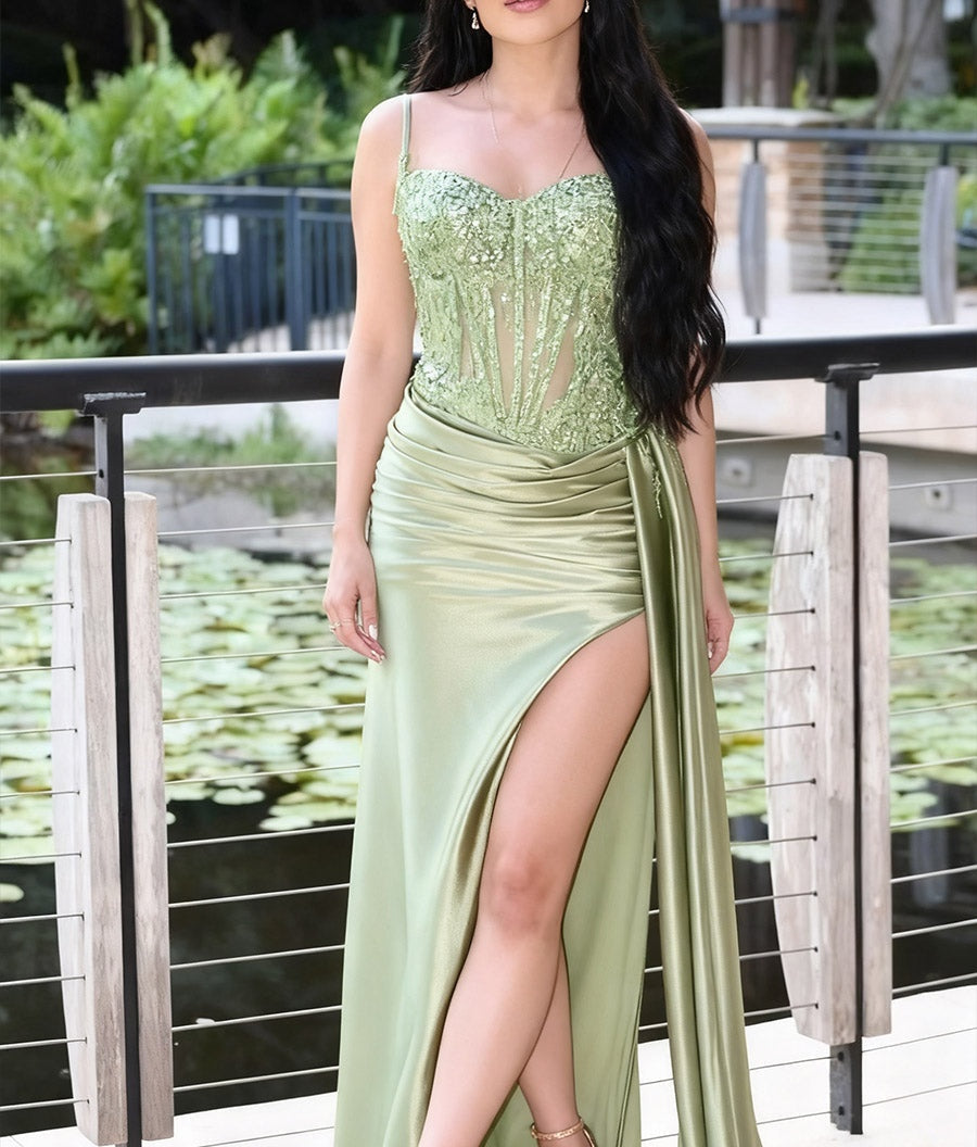 Glitter Spaghetti Strap Floor-Length Prom Dresses with Lace Appliques