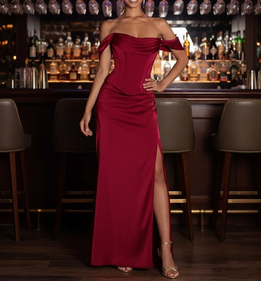 Sheath/Column Off Shoulder Ruched Satin Floor-Length Formal Dresses with Slit