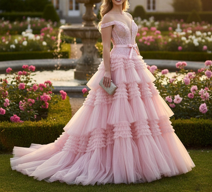 A Line/Princess Off Shoulder Floor-Length Prom Dresses with Tiered Ruffles