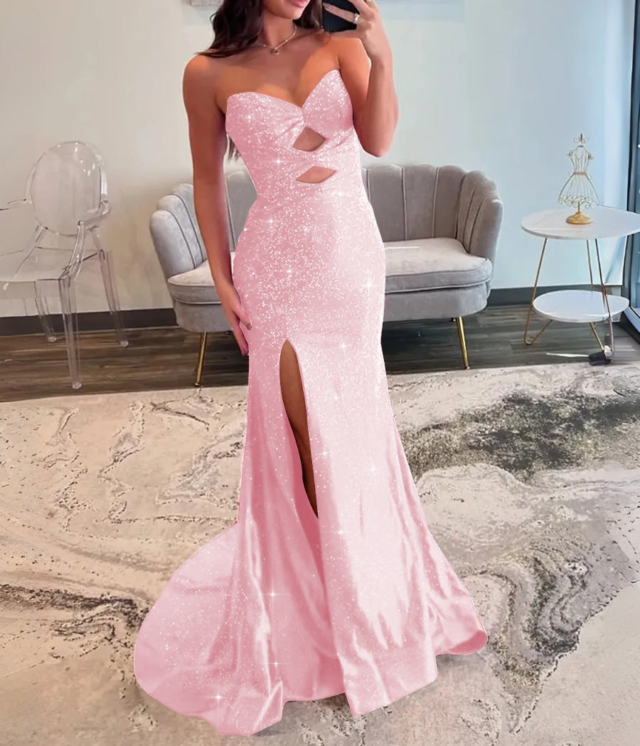 A-Line/Princess Cut-Out Floor-Length Formal Prom Dresses with Beaded