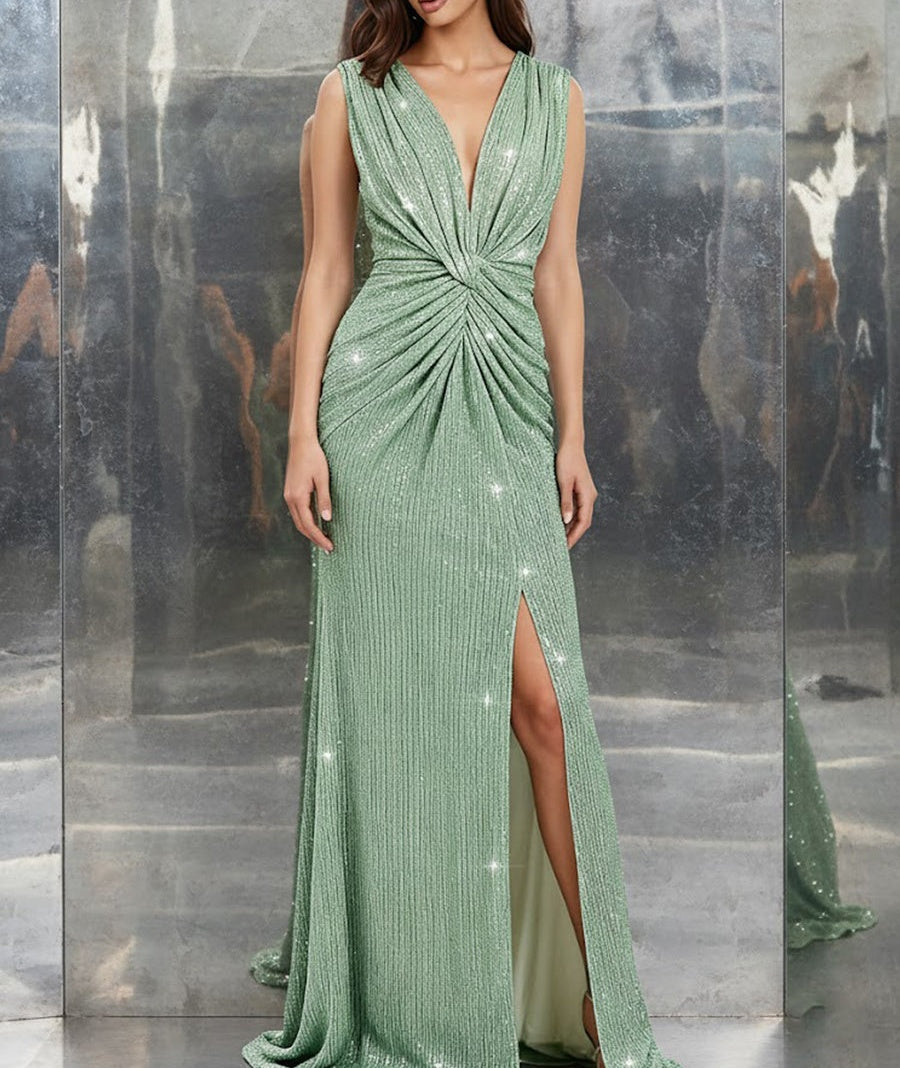 A-Line/Princess V-Neck Ruched Sequin Floor-Length Formal Evening Dresses